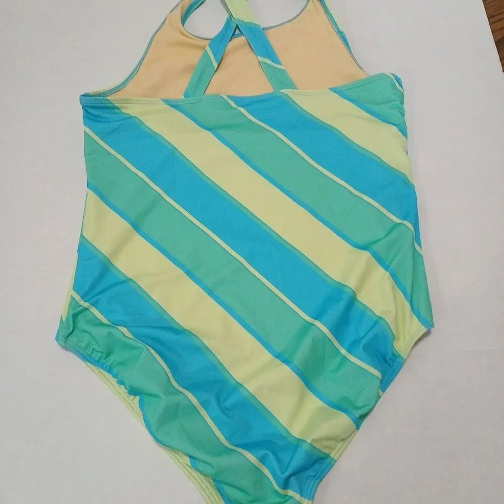Lands End Girls Xlg (14-16) Chlorine Resistant 1 Pc Strped Swimsuit Multicolor